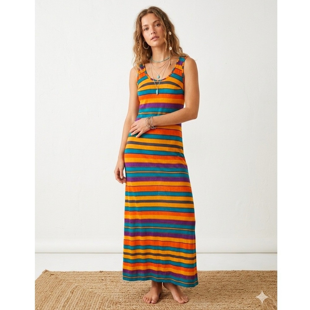 Vintage 70s Striped Maxi Dress XS Boho Psychedelic Tank Dress